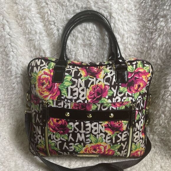 Betsey Johnson Nylon colorful large laptop shoulder bag black patent trim &strap - Picture 1 of 14
